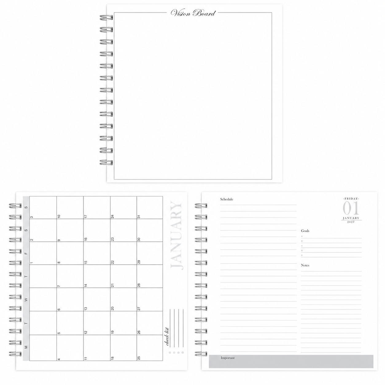 Spiral-bound planner with various sections including a calendar, schedule, and notes on a white background.