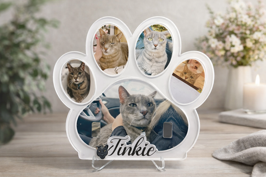 Honour your pet's memory with a personalised paw-shaped perspex display stand. Showcase their collar & photos in this heartfelt keepsake. Shop at Lexies.