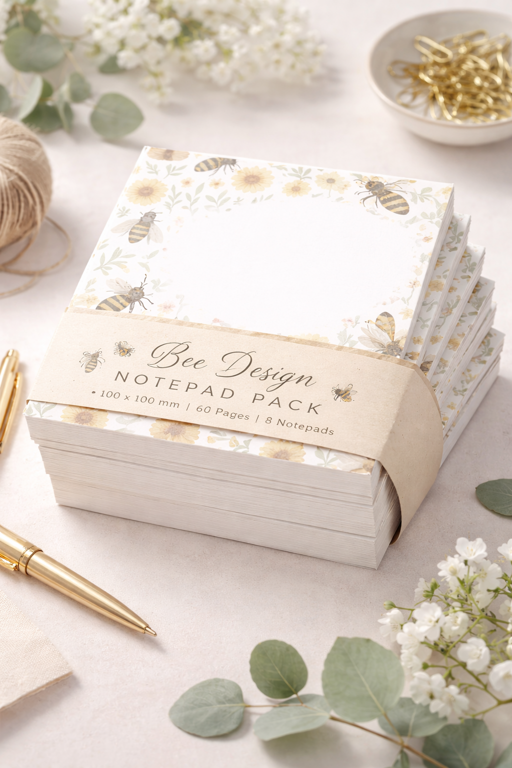 Bee design notepad pack on a light surface with flowers and a pen.