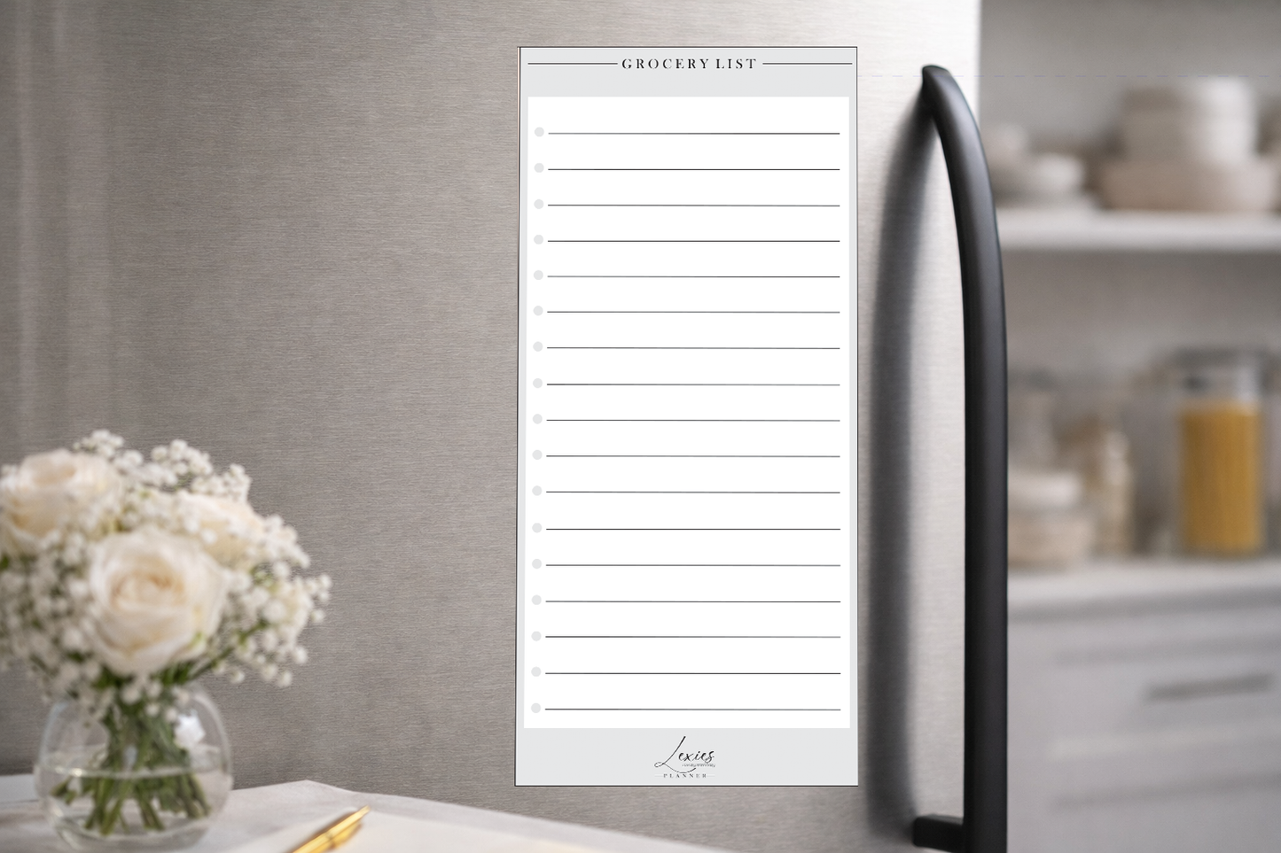 "Wipeable shopping list magnet for kitchen organization"