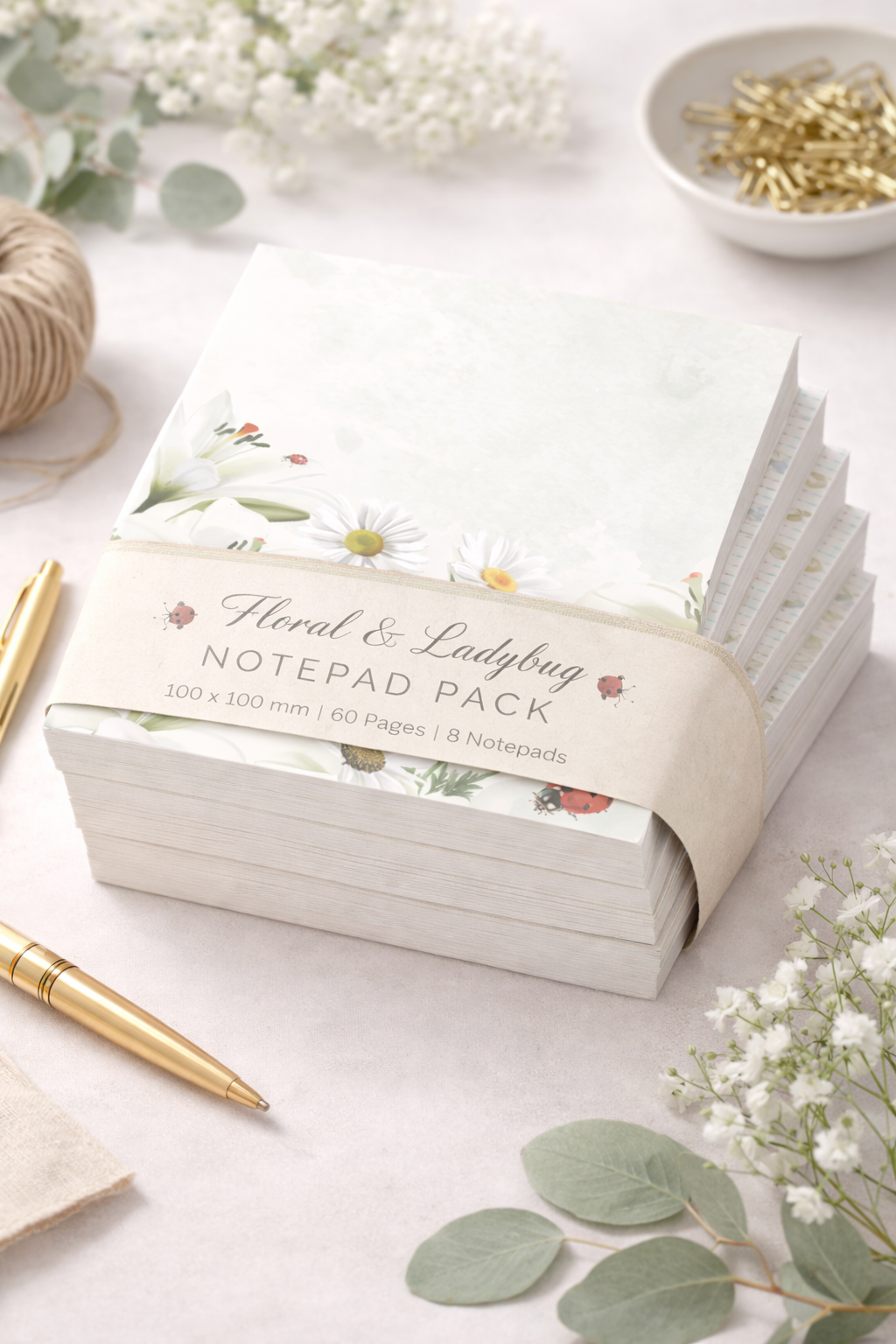 Notepad pack with floral design on a light surface with decorative elements