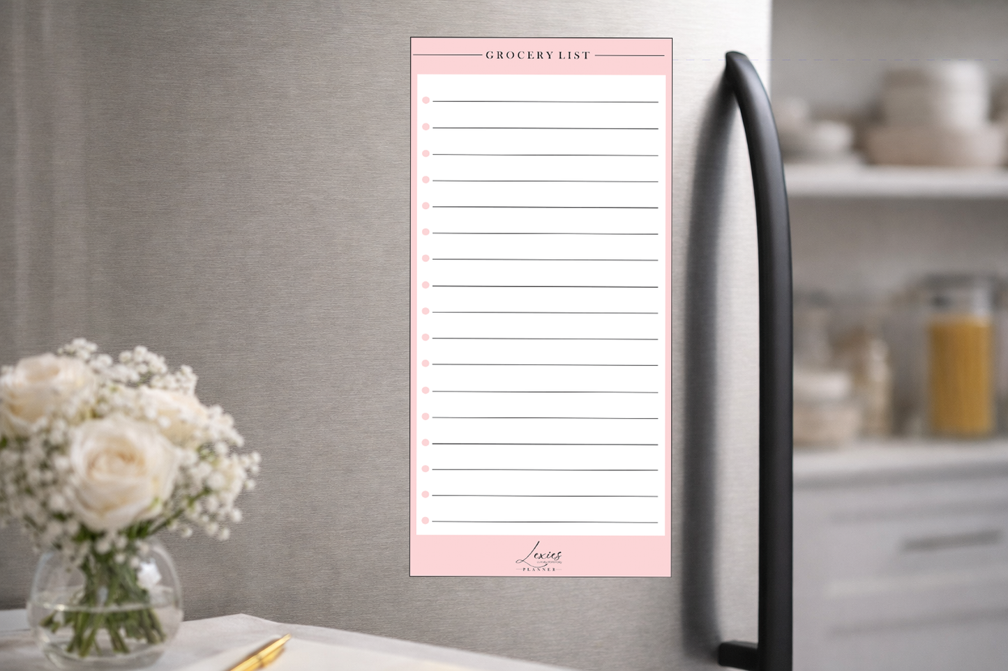 "Wipeable shopping list magnet for kitchen organization"