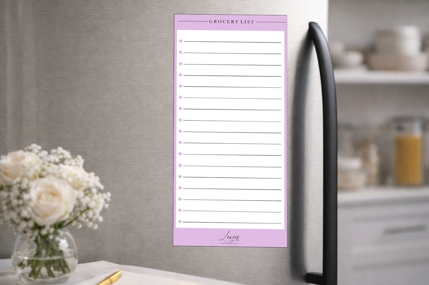 "Wipeable shopping list magnet for kitchen organization"