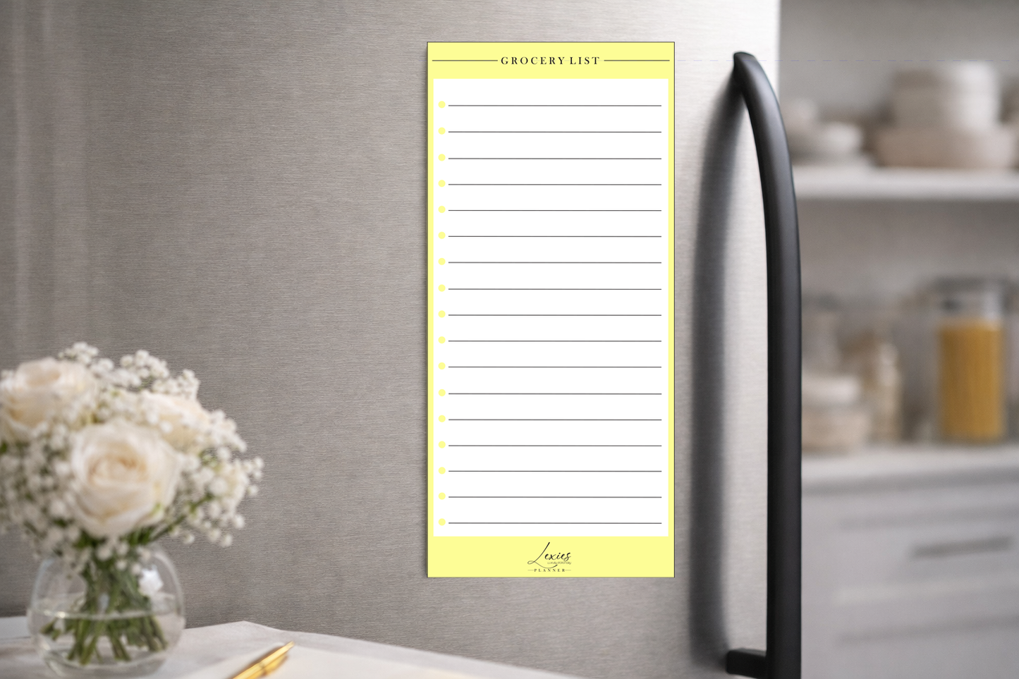 "Wipeable shopping list magnet for kitchen organization"